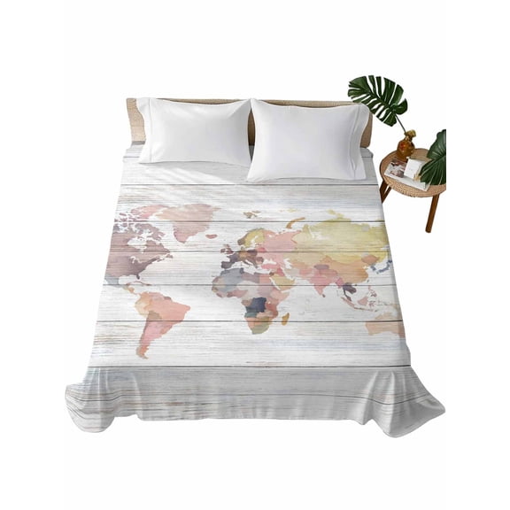 Queen Flat Sheet 90"x102", World Map Soft Lightweight Bedding Flat Sheets Only, Farmhouse Abstract Illustration Wooden Grain Brushed Microfiber Top Bed Sheet, Breathable StainResistant Bedsheets