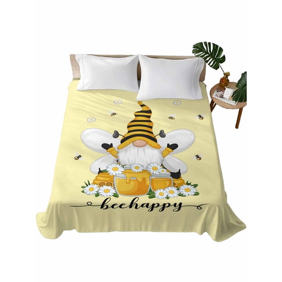 Queen Flat Sheet 90"x102", Yellow Gnomes Soft Lightweight Bedding Flat Sheets Only, Spring Bees Daisy Honey White Floral Brushed Microfiber Top Bed Sheet, Breathable StainResistant Bedsheets