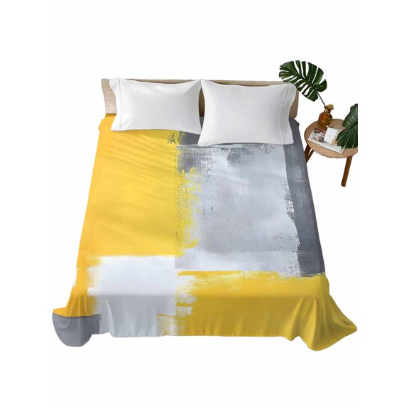 Queen Flat Sheet 90"x102", Yellow Grey Soft Lightweight Bedding Flat Sheets Only, Abstract Street Graffiti Art Retro Painting Brushed Microfiber Top Bed Sheet, Breathable StainResistant Bedsheets