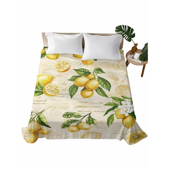 Queen Flat Sheet 90"x102", Yellow Lemons Soft Lightweight Bedding Flat Sheets Only, Summer Botanical Fruit Leaves Country Brushed Microfiber Top Bed Sheet, Breathable StainResistant Bedsheets