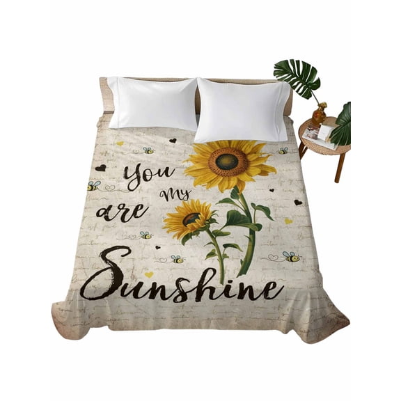 Queen Flat Sheet 90"x102", Yellow Sunflower Soft Lightweight Bedding Flat Sheets Only, Summer Vintage Flower Bee Sunshine Brushed Microfiber Top Bed Sheet, Breathable StainResistant Bedsheets