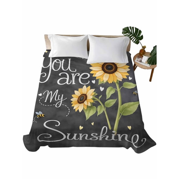 Queen Flat Sheet 90"x102", You Are My Sunshine Soft Lightweight Bedding Flat Sheets Only, Yellow Sunflowers Cute Bees Heart Dark Gray Brushed Microfiber Top Bed Sheet, Breathable Bedsheets