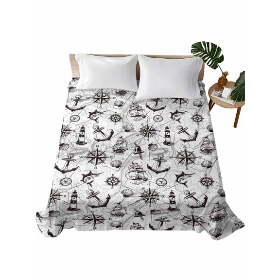 Queen Flat Sheet Anchor Sailboat Flat Sheets Only Soft Breathable Microfiber Bedding Top Sheets Luxury Hotel Quality Nautical Ocean Compass Map Queen Bed Sheet for All Season Bedroom Dorm Home Decor
