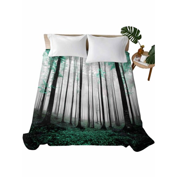 Queen Flat Sheet Autumn Maple Forest Flat Sheets Only Soft Breathable Microfiber Bedding Top Sheets Luxury Hotel Quality Turquoise Misty Forest Trees Queen Bed Sheet for All Season Bedroom Dorm