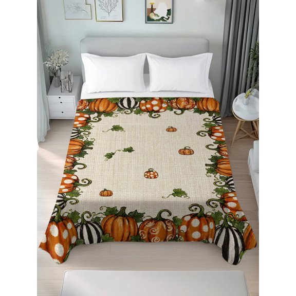 Queen Flat Sheet Only Autumn Thanksgiving Pumpkin Polka Dot Stripe Soft Microfiber Cooling Bedding Sheets Retro Linen Flat Bed Sheet for Hotel,Home Decor