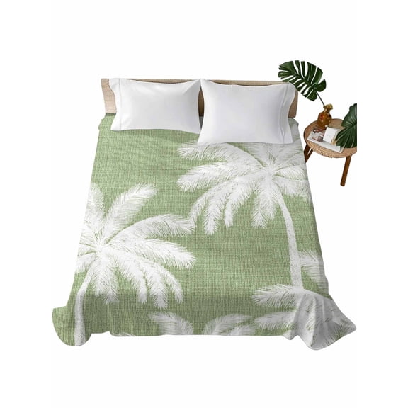 Queen Flat Sheet, Avocado Green Palm Tree Queen Bed Sheets Only, Soft Microfiber Flat Sheet, Summer Botancial Tropical Farmhouse Hotel Quality Bedding Top Sheet Bedroom Home Dorm Decor