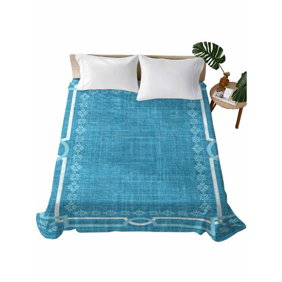 Queen Flat Sheet Azure Linen Border Flat Sheets Only Soft Breathable Microfiber Bedding Top Sheets Luxury Hotel Quality Floral Lines Frame Queen Bed Sheet for All Season Bedroom Dorm Home Decor