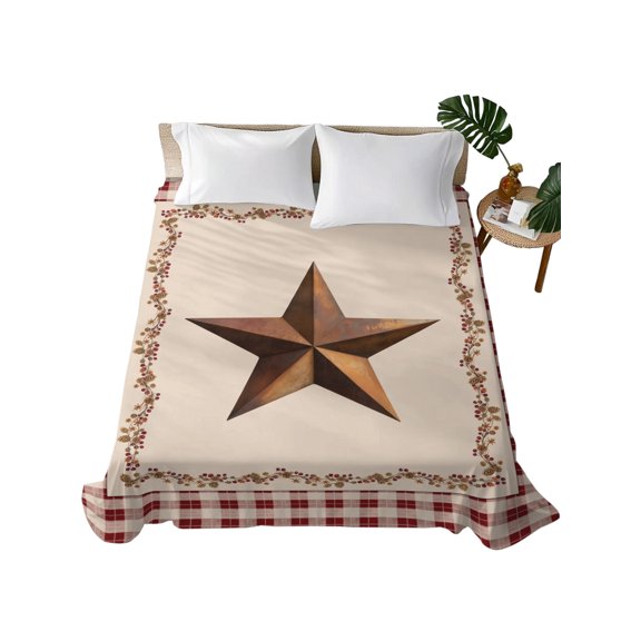 Queen Flat Sheet Barn Star Texas Flat Sheets Only Soft Breathable Microfiber Bedding Top Sheets Luxury Hotel Quality Berry Retro Country Red Plaid Queen Bed Sheet for All Season Bedroom Dorm