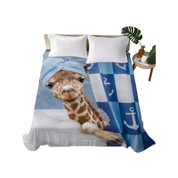 Queen Flat Sheet Bathing Giraffe Flat Sheets Only Soft Breathable Microfiber Bedding Top Sheets Luxury Hotel Quality Funny Animal Showering Queen Bed Sheet for All Season Bedroom Dorm Home Decor