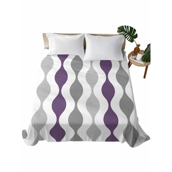 Queen Flat Sheet Only Bed Sheets Mid Century Purple Stripe Ripple Microfiber Breathable Bedding Flat Sheet, Grey Gradient Abstract Geometric Soft Top Sheets for Bedroom Living Room Sofa