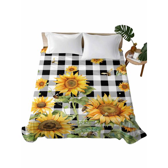 Queen Flat Sheet Bee Sunflower Flat Sheets Only Soft Breathable Microfiber Bedding Top Sheets Luxury Hotel Quality Farm Black Buffalo Plaid Queen Bed Sheet for All Season Bedroom Dorm Home Decor