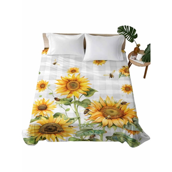 Queen Flat Sheet Bee Sunflower Flat Sheets Only Soft Breathable Microfiber Bedding Top Sheets Luxury Hotel Quality Farm Grey Buffalo Plaid Queen Bed Sheet for All Season Bedroom Dorm Home Decor