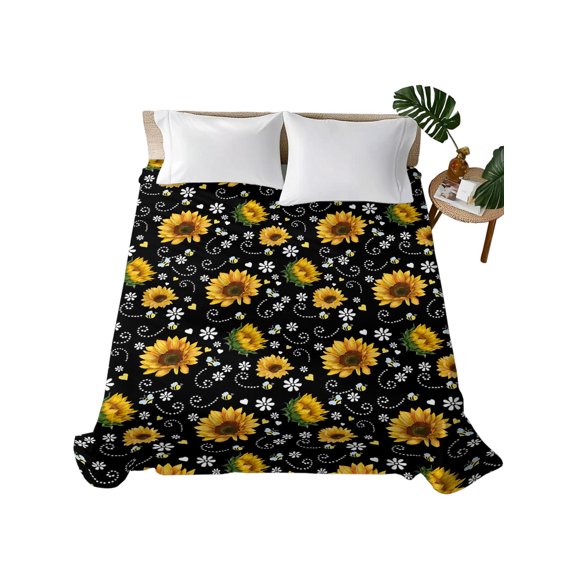 Queen Flat Sheet Bees Sunflower Flat Sheets Only Soft Breathable Microfiber Bedding Top Sheets Luxury Hotel Quality Farmhouses Flower Black Queen Bed Sheet for All Season Bedroom Dorm Home Decor