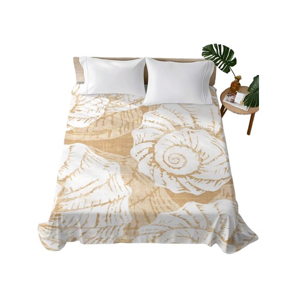 Queen Flat Sheet Beige Coastal Shells Flat Sheets Only Soft Breathable Microfiber Bedding Top Sheets Luxury Hotel Quality Ocean Conch Marine Life Queen Bed Sheet for All Season Bedroom Dorm