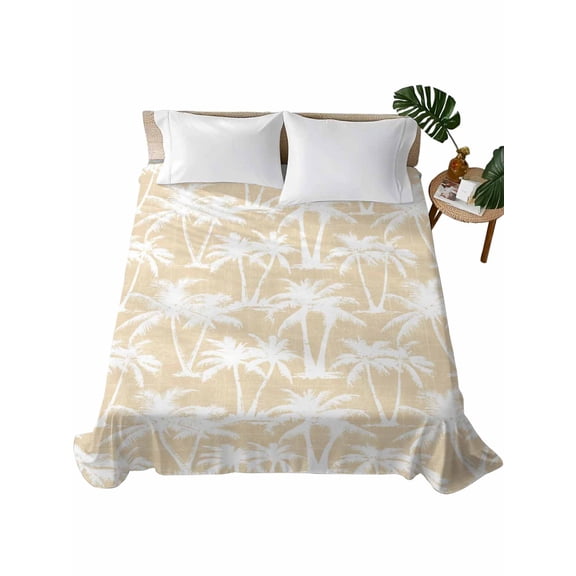 Queen Flat Sheet, Beige Coastal Tree Queen Bed Sheets Only, Soft Microfiber Flat Sheet, Summer Palm Trees Tropical Botanical Hotel Quality Bedding Top Sheet Bedroom Home Dorm Decor
