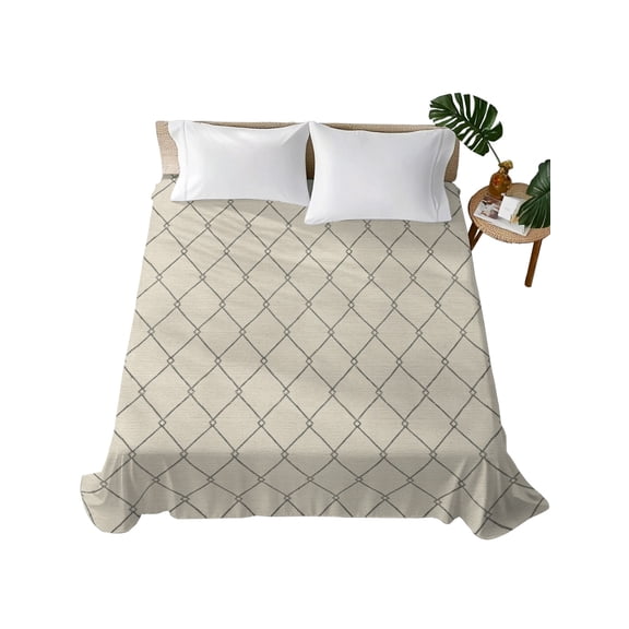 Queen Flat Sheet Beige Rhombus Pattern Flat Sheets Only Soft Breathable Microfiber Bedding Top Sheets Luxury Hotel Quality Geometric Quilted Lines Queen Bed Sheet for All Season Bedroom Dorm Decor
