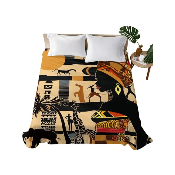 Queen Flat Sheet Black African Women Flat Sheets Only Soft Breathable Microfiber Bedding Top Sheets Luxury Hotel Quality Ethic Animal Giraffe Elephant Queen Bed Sheet for All Season Bedroom Dorm