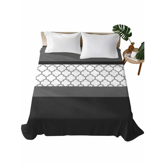 Queen Flat Sheet Black Gray Geometric Flat Sheets Only Soft Breathable Microfiber Bedding Top Sheets Luxury Hotel Quality Stitching Morocco Pattern Queen Bed Sheet for All Season Bedroom Dorm