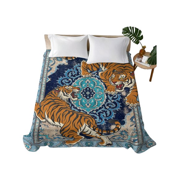 Queen Flat Sheet Blue Boho Tiger Flat Sheets Only Soft Breathable Microfiber Bedding Top Sheets Luxury Hotel Quality Bohemian Animal Print Queen Bed Sheet for All Season Bedroom Dorm Home Decor