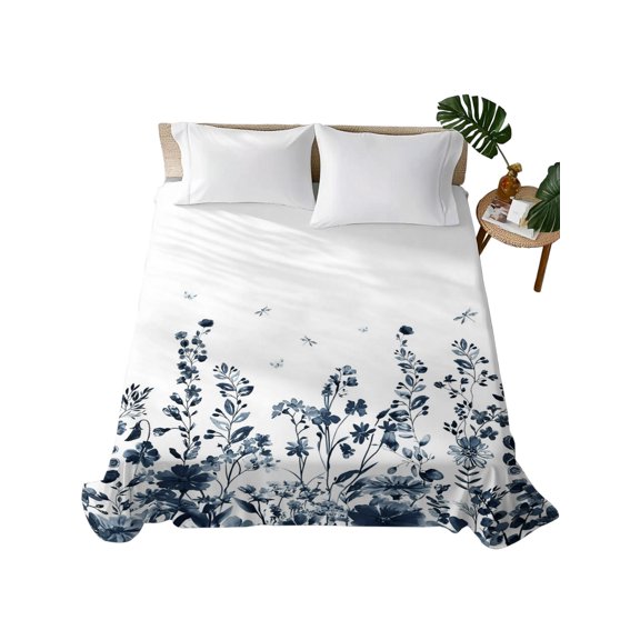 Queen Flat Sheet Blue Floral Flat Sheets Only Soft Breathable Microfiber Bedding Top Sheets Luxury Hotel Quality Watercolor Flower Dragonfly Queen Bed Sheet for All Season Bedroom Dorm Home Decor
