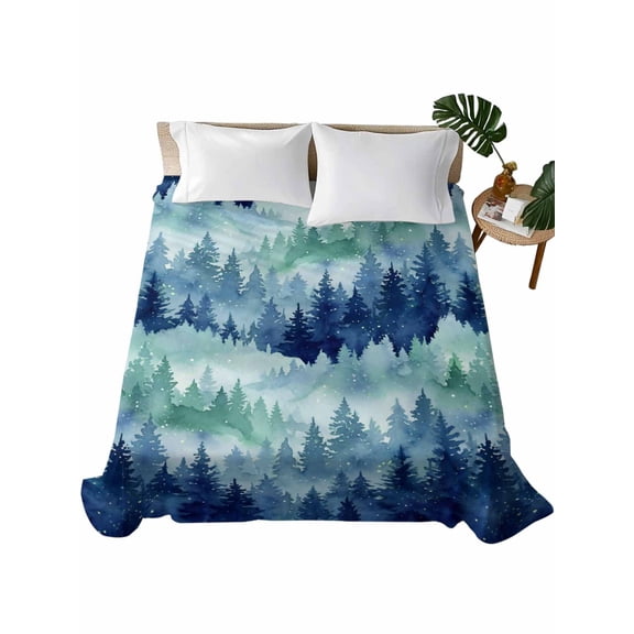 Queen Flat Sheet Blue Forest Mountain Flat Sheets Only Soft Breathable Microfiber Bedding Top Sheets Luxury Hotel Quality Nature Sky Landscape Queen Bed Sheet for All Season Bedroom Dorm Home Decor