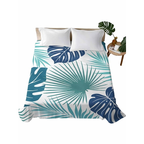 Queen Flat Sheet Blue Monstera Leaves Flat Sheets Only Soft Breathable Microfiber Bedding Top Sheets Luxury Hotel Quality Tropical Leaf Exotic Plants Queen Bed Sheet for All Season Bedroom Dorm