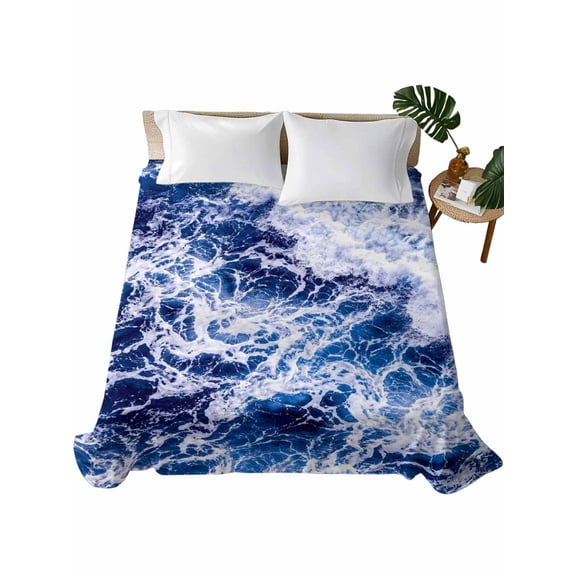 Queen Flat Sheet Blue Ocean Waves Flat Sheets Only Soft Breathable Microfiber Bedding Top Sheets Luxury Hotel Quality Water Rolling Swells Queen Bed Sheet for All Season Bedroom Dorm Home Decor