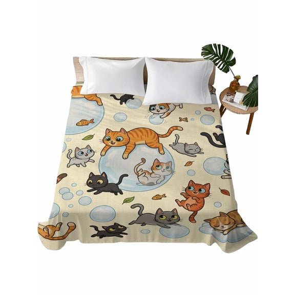 Queen Flat Sheet Bubble Cute Cat Flat Sheets Only Soft Breathable Microfiber Bedding Top Sheets Luxury Hotel Quality Yellow Playing Animal Catty Fish Queen Bed Sheet for All Season Bedroom Dorm