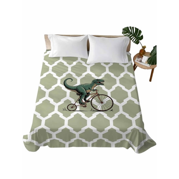 Queen Flat Sheet Cartoon Dinosaur Ride Bike Flat Sheets Only Soft Breathable Microfiber Bedding Top Sheets Luxury Hotel Quality Green Geometric Moroccan Queen Bed Sheet for All Season Bedroom Dorm