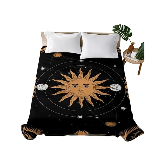 Queen Flat Sheet Celestial Sun and Moon Flat Sheets Only Soft Breathable Microfiber Bedding Top Sheets Luxury Hotel Quality Black Sky Gold Star Boho Queen Bed Sheet for All Season Bedroom Dorm