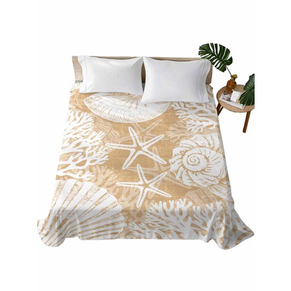 Queen Flat Sheet Coastal Conch Flat Sheets Only Soft Breathable Microfiber Bedding Top Sheets Luxury Hotel Quality Beige Shell Coral Starfish Queen Bed Sheet for All Season Bedroom Dorm Home Decor