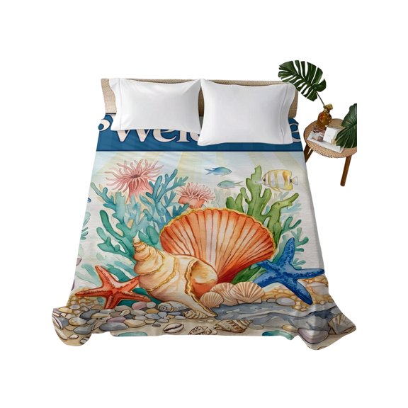 Queen Flat Sheet Coastal Shell Starfish Flat Sheets Only Soft Breathable Microfiber Bedding Top Sheets Luxury Hotel Quality Coral Fish Blue Welcome Queen Bed Sheet for All Season Bedroom Dorm