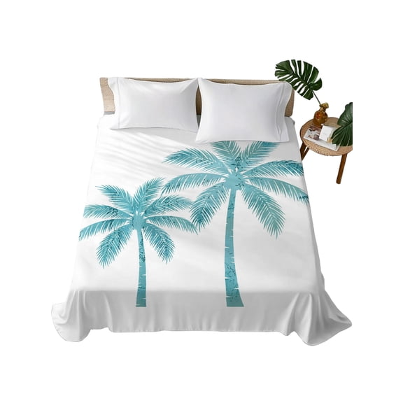 Queen Flat Sheet Coconut Palm Tree Flat Sheets Only Soft Breathable Microfiber Bedding Top Sheets Luxury Hotel Quality Turquoise Tropical Summer Beach Queen Bed Sheet for All Season Bedroom Dorm