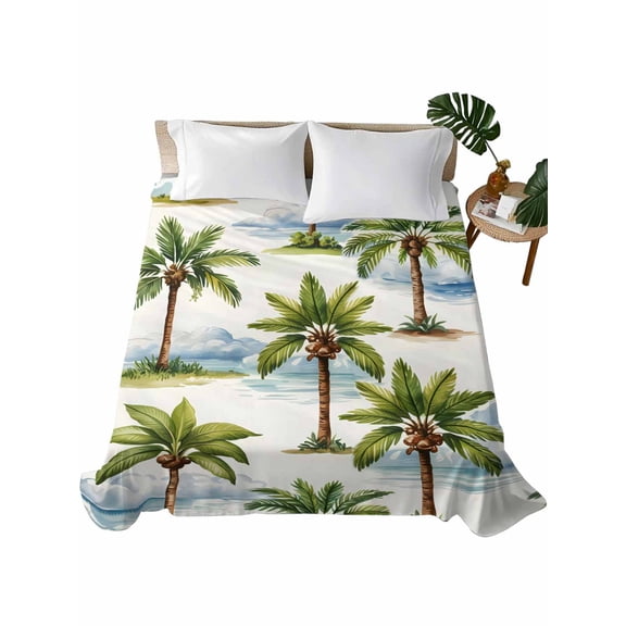 Queen Flat Sheet Coconut Palm Trees Flat Sheets Only Soft Breathable Microfiber Bedding Top Sheets Luxury Hotel Quality Tropical Plant Cloud Queen Bed Sheet for All Season Bedroom Dorm Home Decor