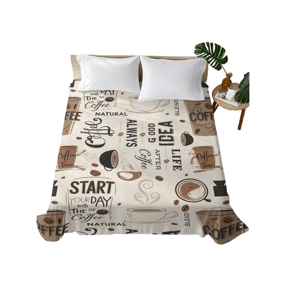 Queen Flat Sheet Coffee Cup Flat Sheets Only Soft Breathable Microfiber Bedding Top Sheets Luxury Hotel Quality Coffee Beans Day Queen Bed Sheet for All Season Bedroom Dorm Home Decor