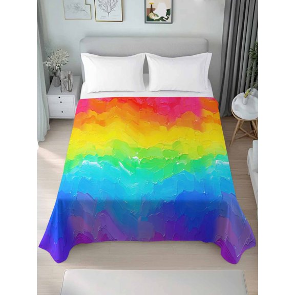 Queen Flat Sheet Only Colorful Rainbow Ombre Soft Microfiber Cooling Bedding Sheets Red Orange Yellow Malachite Green Bluish Violet Flat Bed Sheet for Hotel, Home Decor