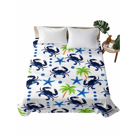 Queen Flat Sheet Crab Starfish Flat Sheets Only Soft Breathable Microfiber Bedding Top Sheets Luxury Hotel Quality Summer Tropical Coconut Tree Queen Bed Sheet for All Season Bedroom Dorm Home Decor