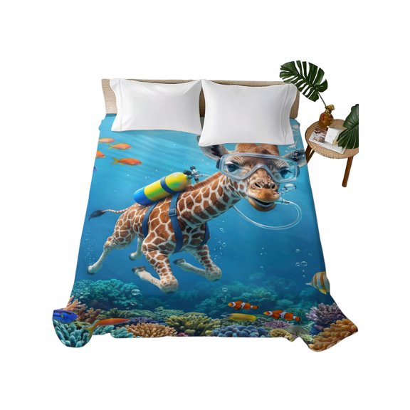 Queen Flat Sheet Diving Giraffe Flat Sheets Only Soft Breathable Microfiber Bedding Top Sheets Luxury Hotel Quality Funny Animal Fish Coral Ocean Seafloor Queen Bed Sheet for All Season Bedroom Dorm