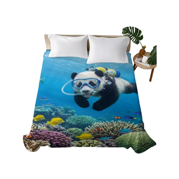 Queen Flat Sheet Diving Panda Flat Sheets Only Soft Breathable Microfiber Bedding Top Sheets Luxury Hotel Quality Funny Animal Fish Coral Ocean Seafloor Queen Bed Sheet for All Season Bedroom Dorm