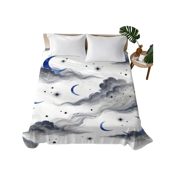 Queen Flat Sheet Dreamy Starry Night Flat Sheets Only Soft Breathable Microfiber Bedding Top Sheets Luxury Hotel Quality Cloud Twinkling Stars Moon Queen Bed Sheet for All Season Bedroom Dorm