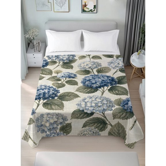 Queen Flat Sheet Only Dusty Blue Hydrangea Flower Soft Microfiber Cooling Bedding Sheets Vintage Floral Leaves Linen Flat Bed Sheet for Hotel,Home Decor
