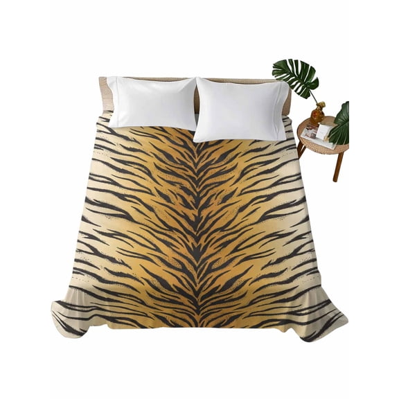 Queen Flat Sheet Exotic Tiger Stripe Texture Flat Sheets Only Soft Breathable Microfiber Bedding Top Sheets Luxury Hotel Quality Orange Animal Skin Queen Bed Sheet for All Season Bedroom Dorm