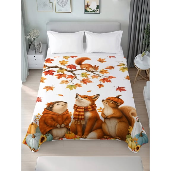 Queen Flat Sheet Only Fall Hedgehog Fox Squirrel Soft Microfiber Cooling Bedding Sheets Thanksgiving Pumpkin Maple Leaf Flat Bed Sheet for Hotel,Home Decor