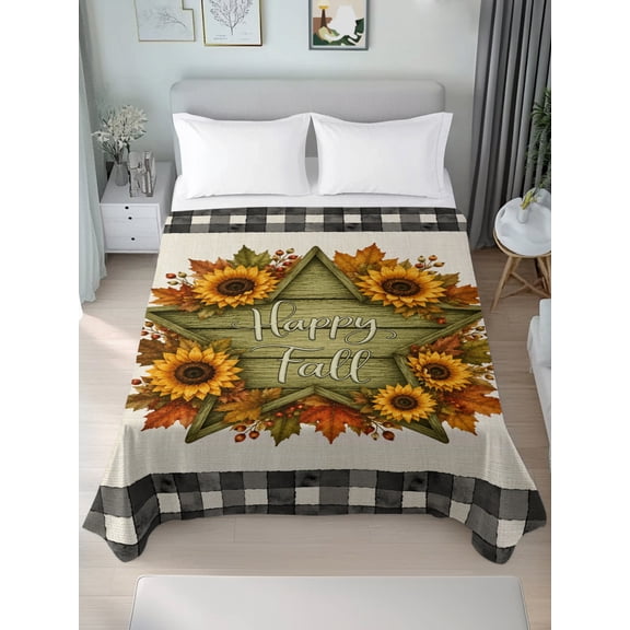 Queen Flat Sheet Only Fall Sunflower Maple Leaf Soft Microfiber Cooling Bedding Sheets Country Star Retro Linen Checkered Flat Bed Sheet for Hotel,Home Decor