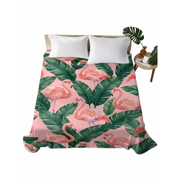 Queen Flat Sheet Flamingo Palm Leaves Flat Sheets Only Soft Breathable Microfiber Bedding Top Sheets Luxury Hotel Quality Summer Tropical Plant Queen Bed Sheet for All Season Bedroom Dorm Home Decor