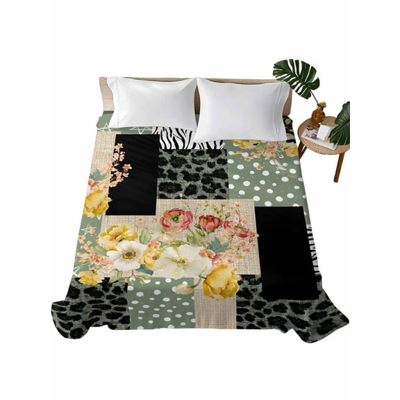 Queen Flat Sheet Floral Patchwork Collage Flat Sheets Only Soft Breathable Microfiber Bedding Top Sheets Luxury Hotel Quality Green Zebra Leopard Print Queen Bed Sheet for All Season Bedroom Dorm