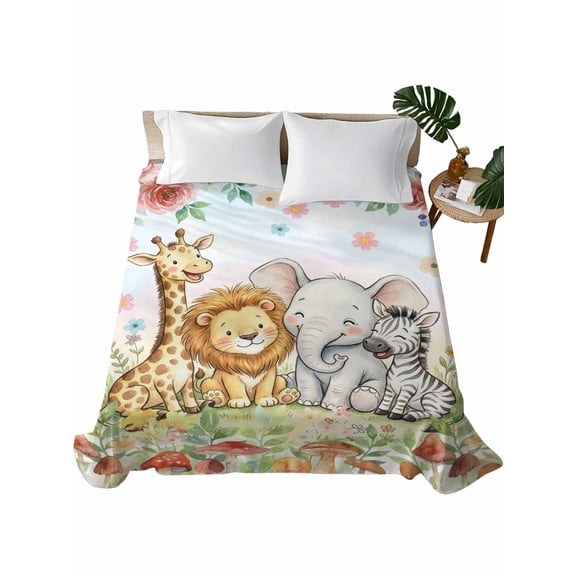 Queen Flat Sheet Forest Animal Flat Sheets Only Soft Breathable Microfiber Bedding Top Sheets Luxury Hotel Quality Floral Giraffe Lion Elephant Zebra Queen Bed Sheet for All Season Bedroom Dorm