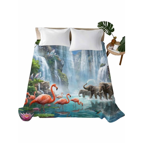Queen Flat Sheet Forest Animal Flat Sheets Only Soft Breathable Microfiber Bedding Top Sheets Luxury Hotel Quality Majestic Waterfall Elephant Flamigo Queen Bed Sheet for All Season Bedroom Dorm