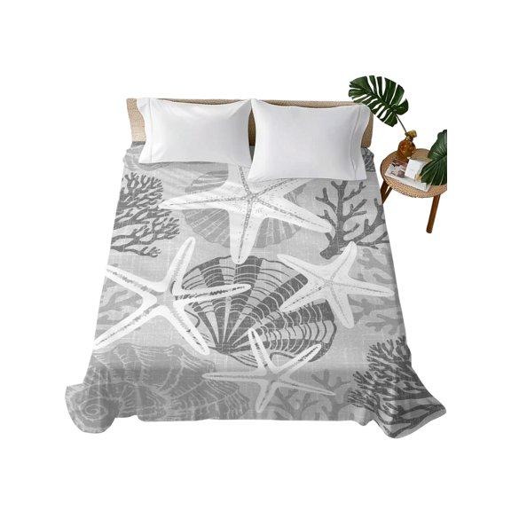 Queen Flat Sheet Gray Linen Ocean Starfish Flat Sheets Only Soft Breathable Microfiber Bedding Top Sheets Luxury Hotel Quality Coastal Coral Conch Queen Bed Sheet for All Season Bedroom Dorm