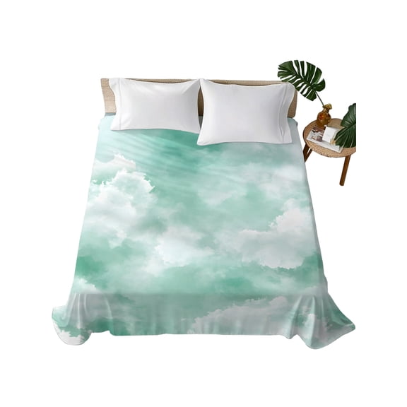 Queen Flat Sheet Green Sky Cloud Flat Sheets Only Soft Breathable Microfiber Bedding Top Sheets Luxury Hotel Quality Gradient Color Queen Bed Sheet for All Season Bedroom Dorm Home Decor